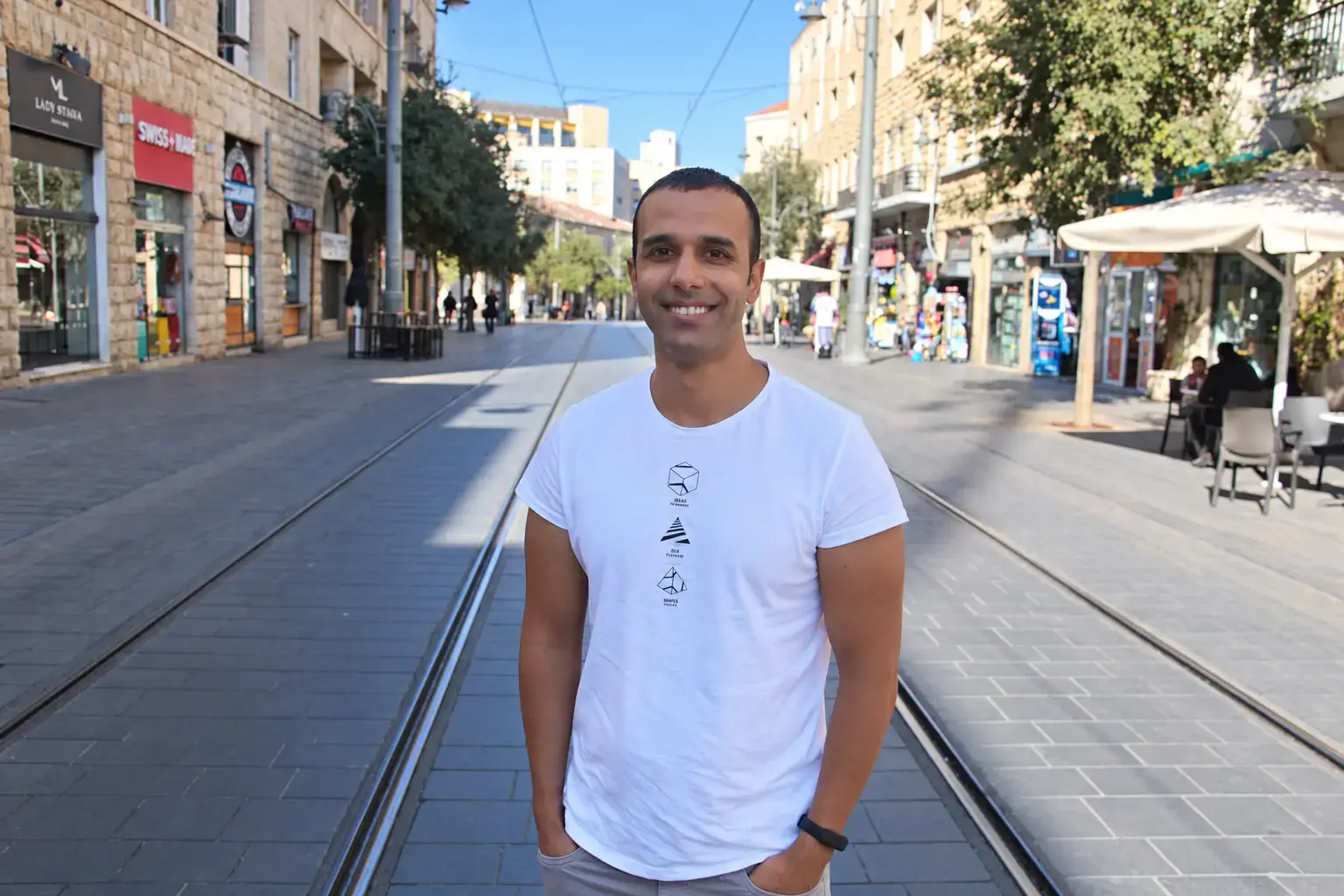 Street portrait by the tram rails